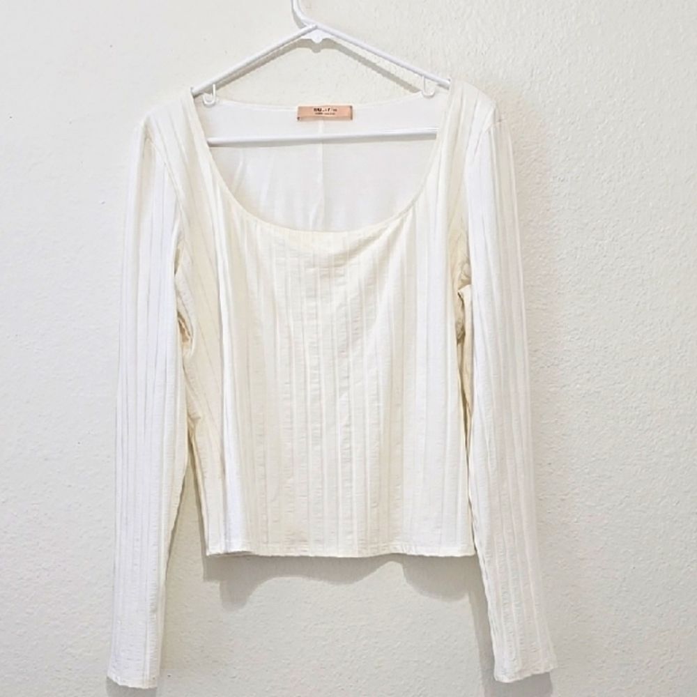 Bailey‎ 44 Cream Ribbed Long Sleeve Blouse L